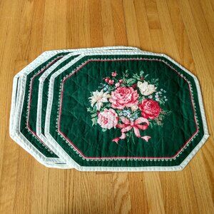 Vintage Quilted Placemats Pink Rose Green Set of 5 Handmade Dining Place Mats